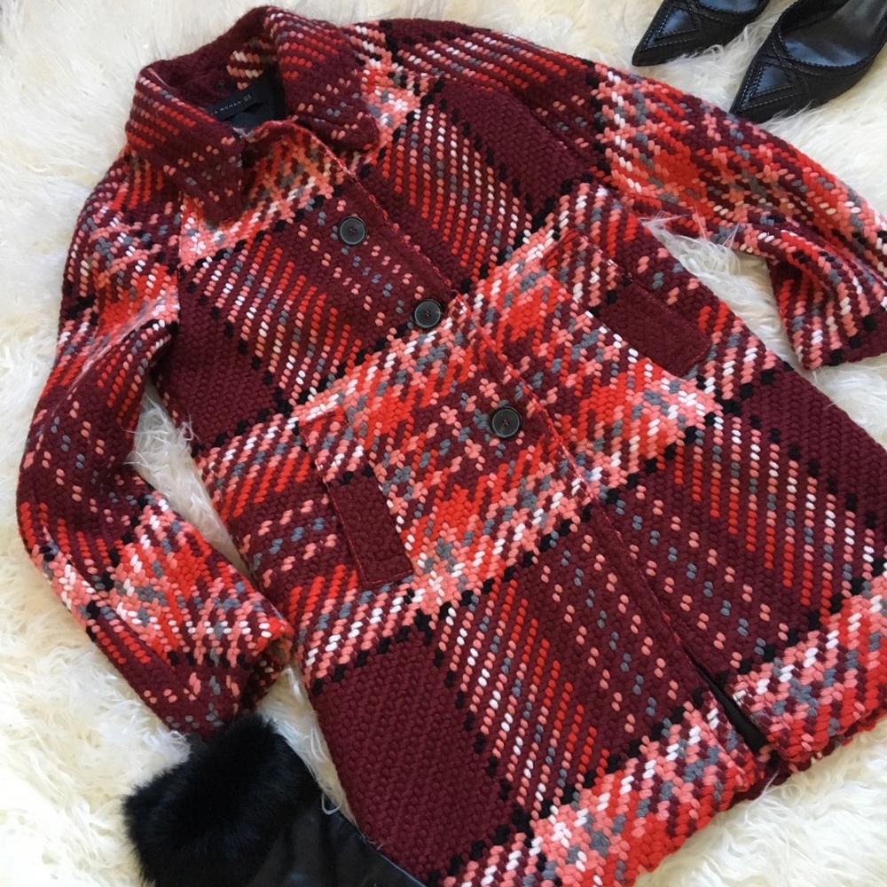 Red and pink plaid Zara above the knee coat